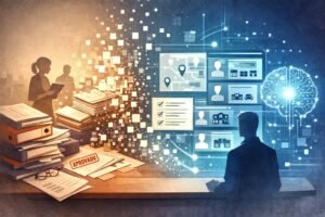 Ilustração conceptual sobre concursos de professores e inteligência artificial, com papelada administrativa a dar lugar a interfaces digitais.